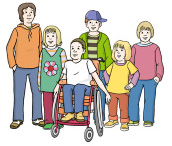 Zeichnung: sechs Kinder in einer Gruppe, fünf stehen, eines sitzt im Rollstuhl